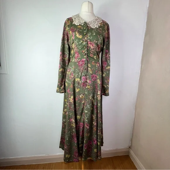 Laura Ashley Vintage Green Floral Long Sleeve Lace Collar Maxi Dress UK 10-12 - Picture 2 of 14